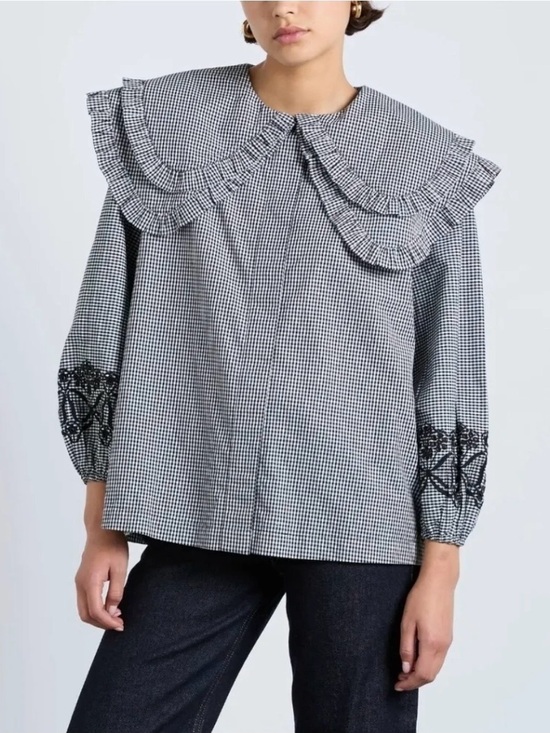 Damson Madder Tops - DAMSON MADDER Gingham Ruffle Collar Button-Down Blouse in Black and White